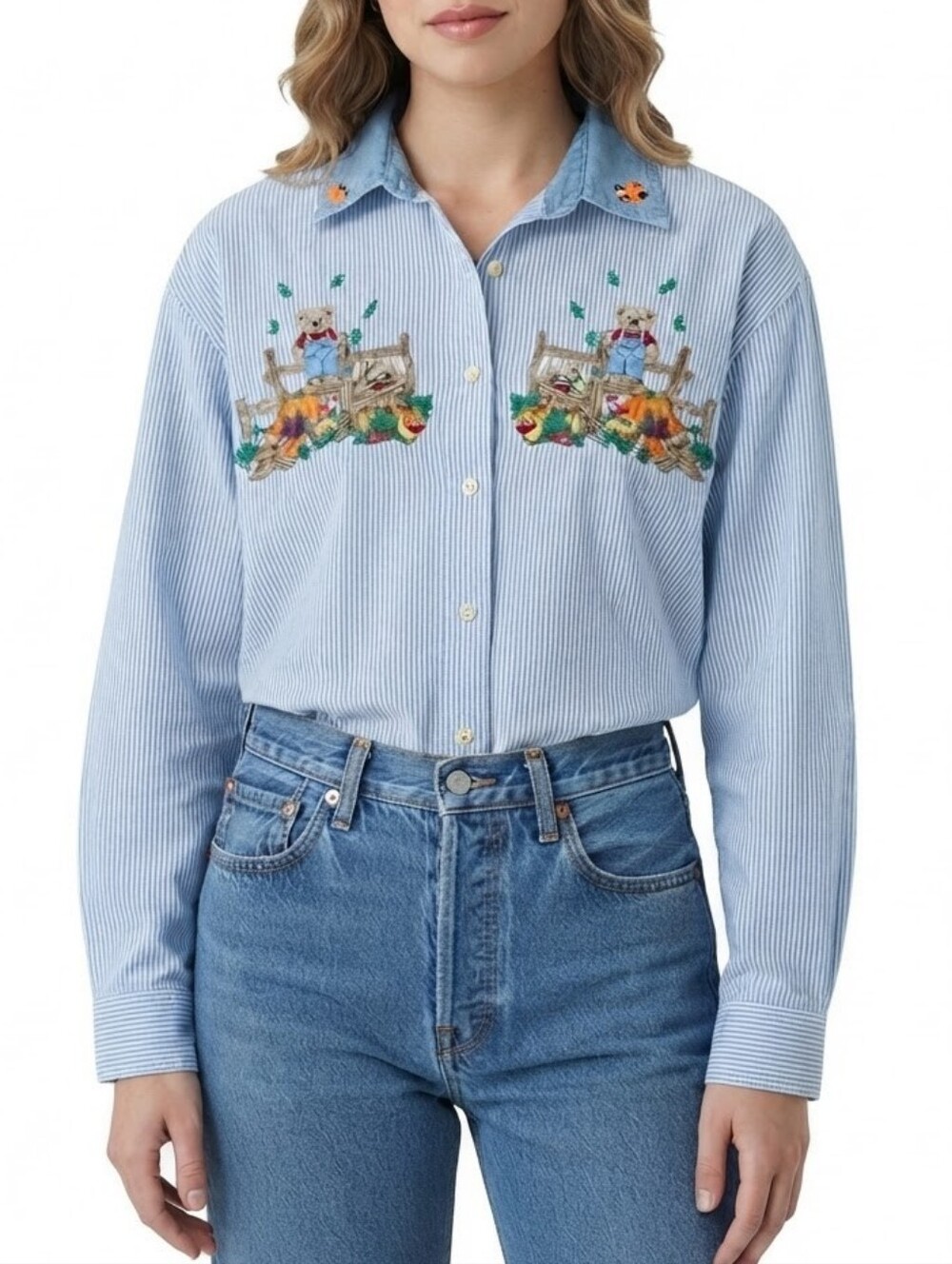 Vintage 90s Fall Pumpkin Quizz Again Embroidered Bear Blue Striped Collar Shirt